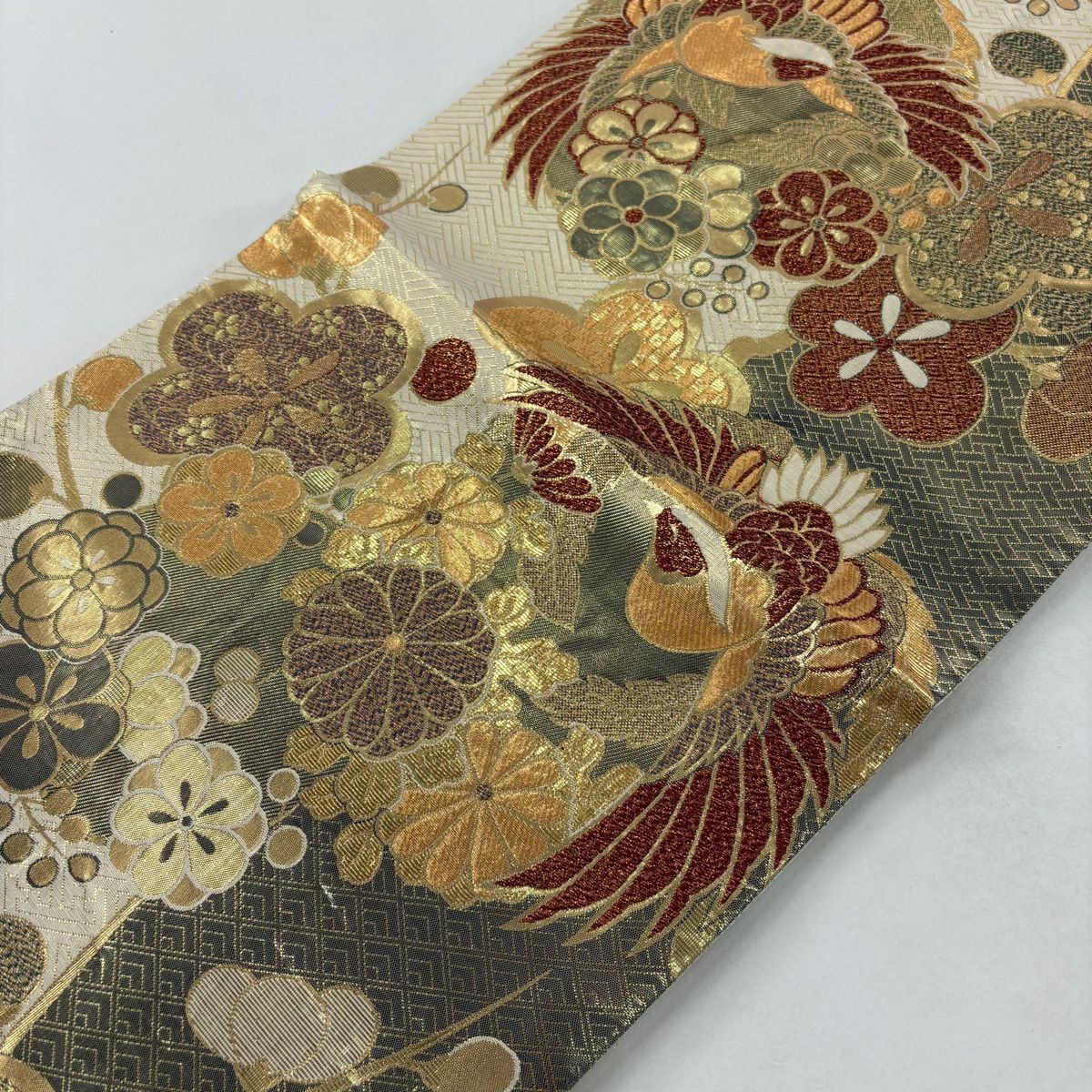 袋帶 秀品級 鳳凰 梅花 金金箔 金絲 奶油 六通 純蠶絲