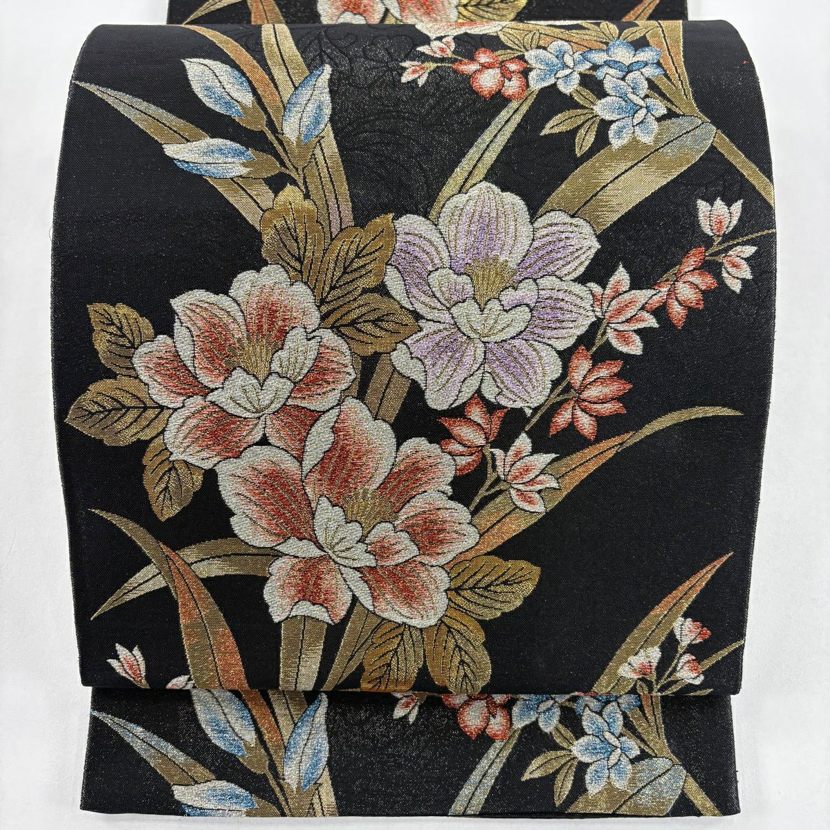 【美品】 袋帶 秀品級 草花紋紋 金金箔 金線 黑 六通 純蠶絲