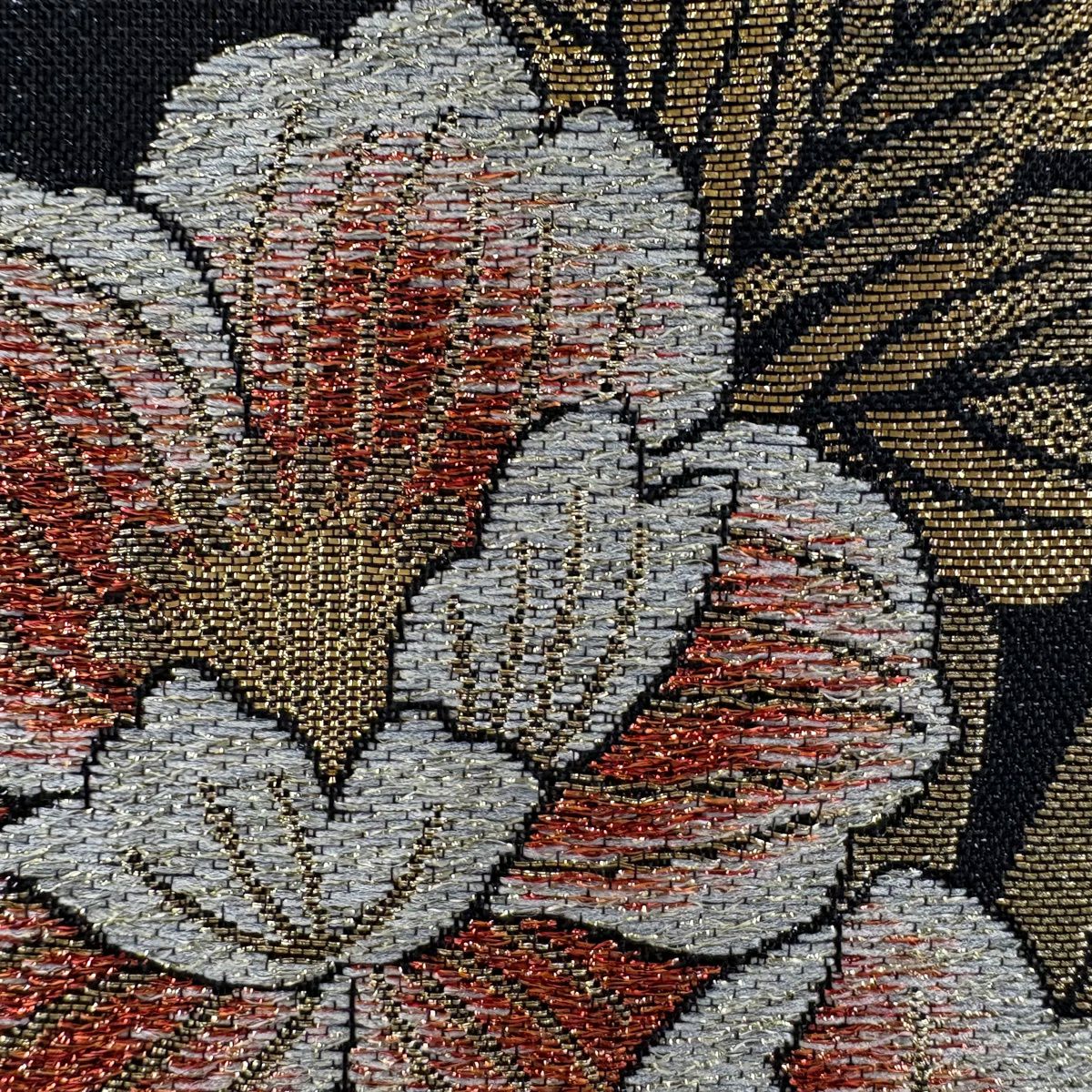 【美品】 袋帶 秀品級 草花紋紋 金金箔 金線 黑 六通 純蠶絲