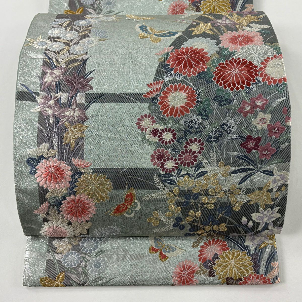 【美品】 袋帶 秀品級 秋草 蝶 唐織 金金箔 淺綠 六通 純蠶絲