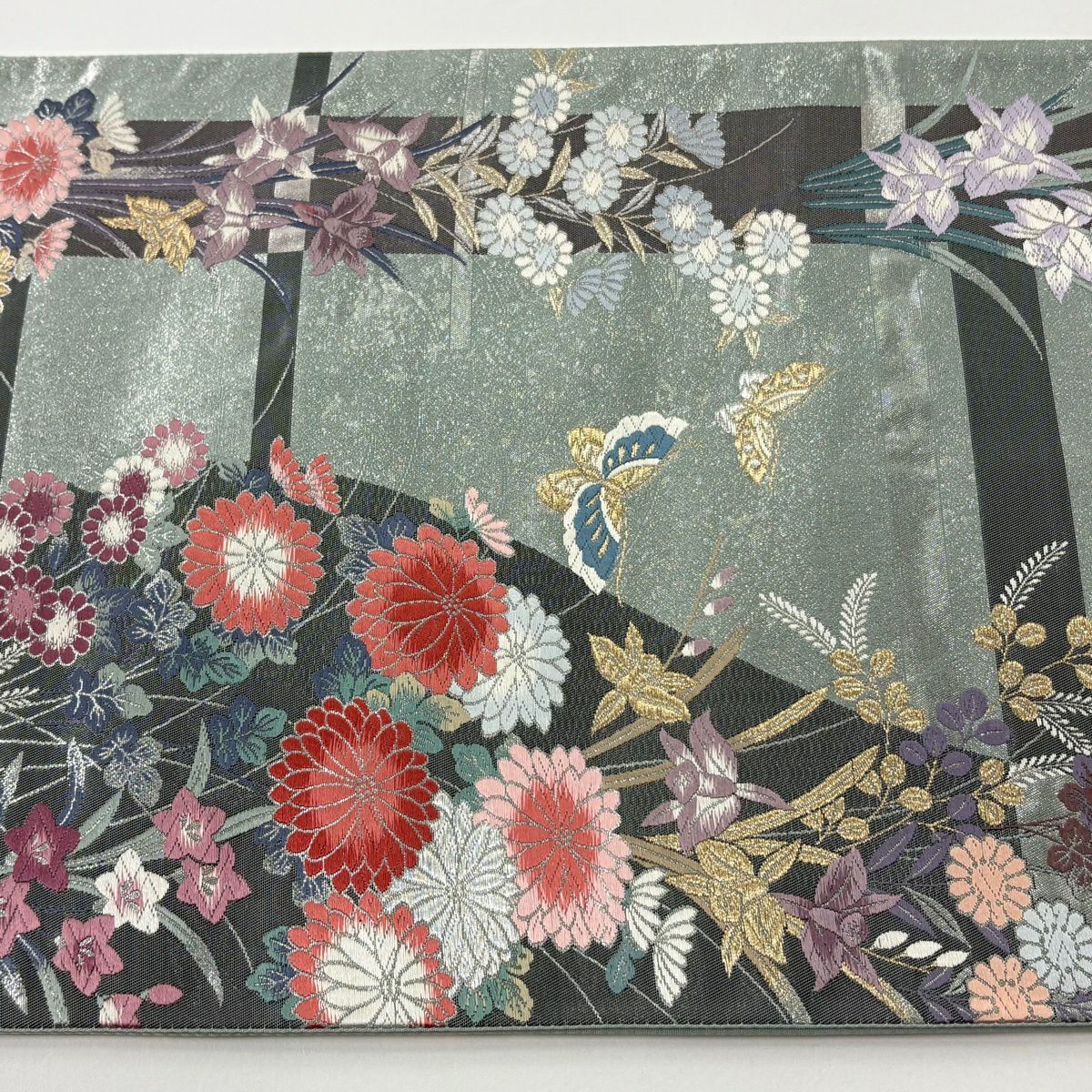 【美品】 袋帶 秀品級 秋草 蝶 唐織 金金箔 淺綠 六通 純蠶絲