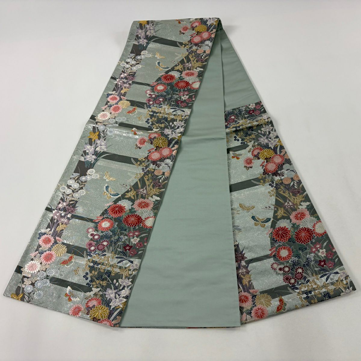 【美品】 袋帶 秀品級 秋草 蝶 唐織 金金箔 淺綠 六通 純蠶絲