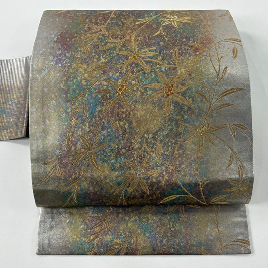 【美品】 名古屋帶 秀品級 豐金漆寶金箔 葉與實 金絲 金箔 銀 純蠶絲