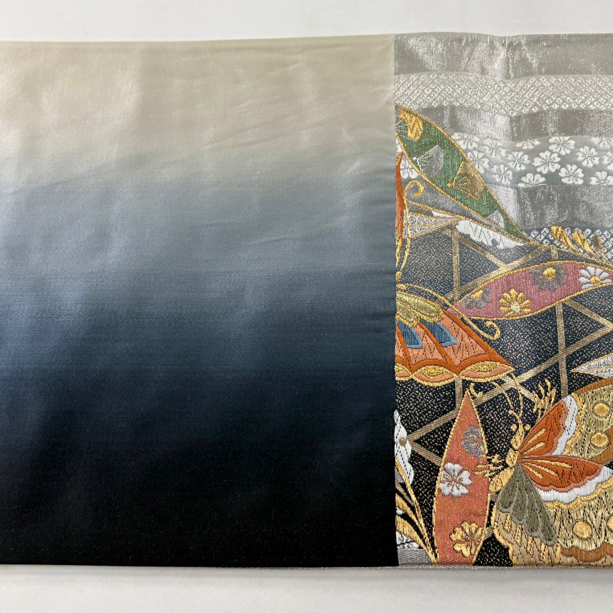 【美品】 袋帶 秀品級 蝶 櫻花 唐織 金金箔 銀 六通 純蠶絲