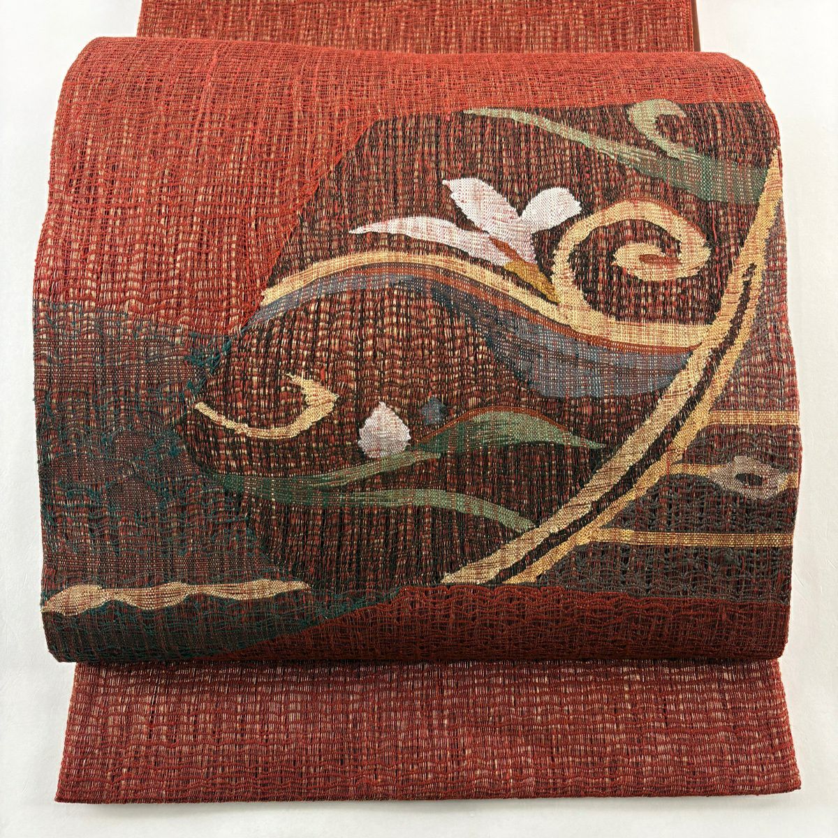 【美品】 袋帶 秀品級 花唐草紋 金絲 拉麵絲 紅茶 お太鼓圖案 純蠶絲