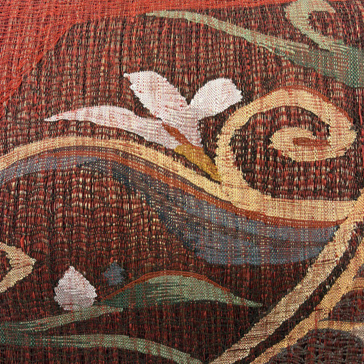 【美品】 袋帶 秀品級 花唐草紋 金絲 拉麵絲 紅茶 お太鼓圖案 純蠶絲