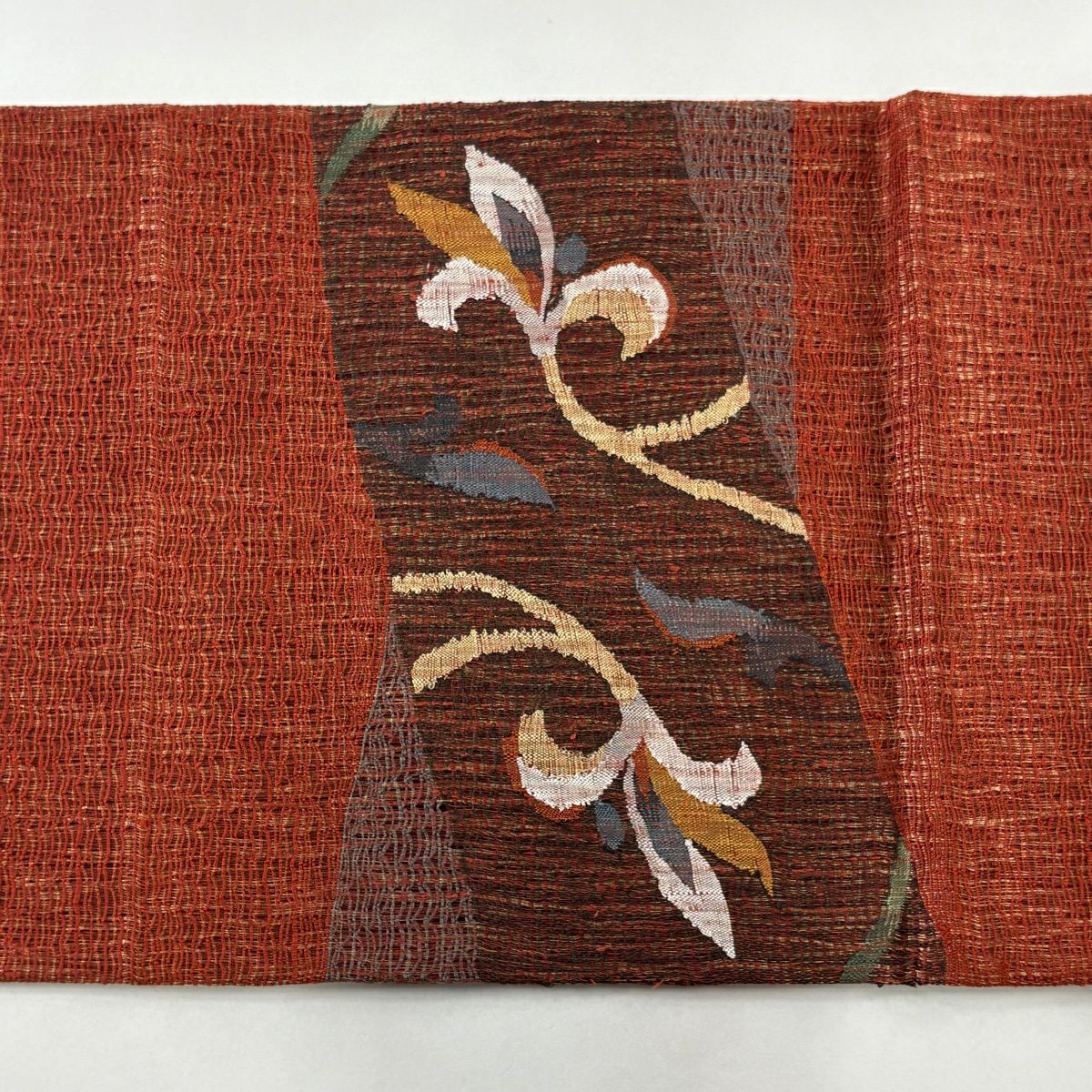 【美品】 袋帶 秀品級 花唐草紋 金絲 拉麵絲 紅茶 お太鼓圖案 純蠶絲