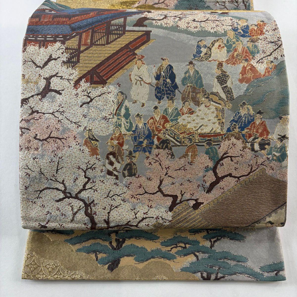 【美品】 袋帶 秀品級 人物 建築 金絲 金金箔 青灰 深藍色 正蠶絲