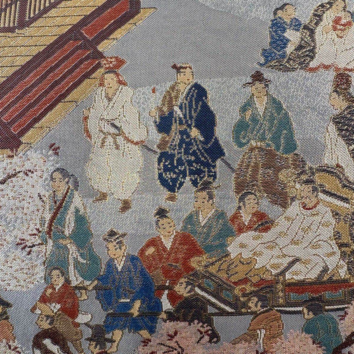 【美品】 袋帶 秀品級 人物 建築 金絲 金金箔 青灰 深藍色 正蠶絲