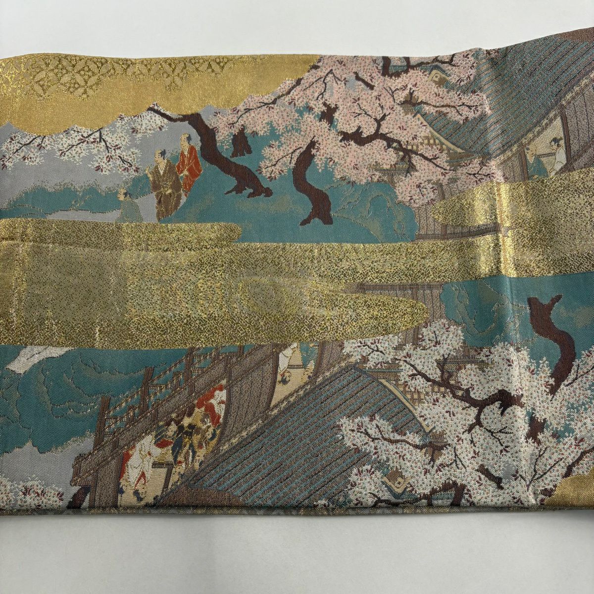 【美品】 袋帶 秀品級 人物 建築 金絲 金金箔 青灰 深藍色 正蠶絲