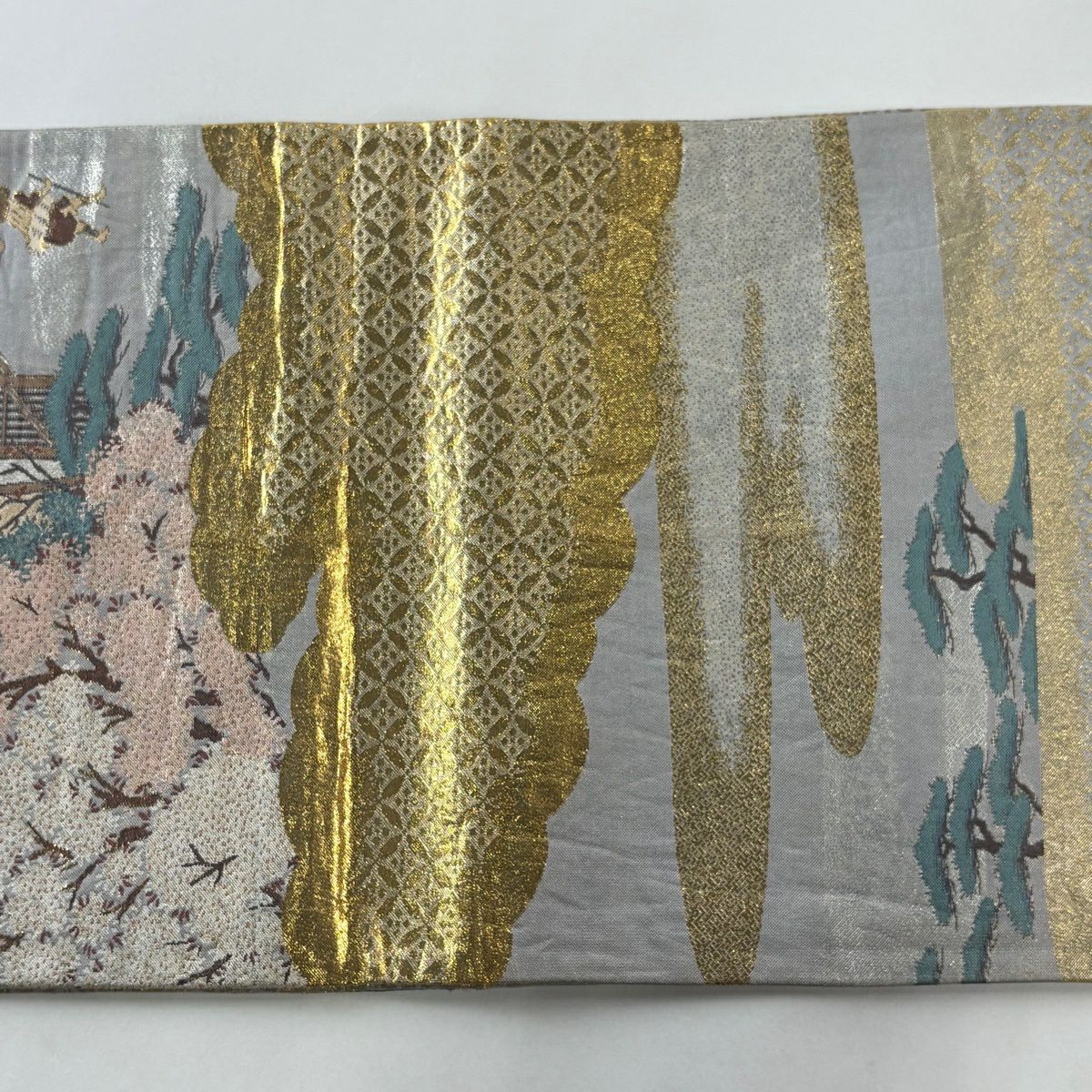 【美品】 袋帶 秀品級 人物 建築 金絲 金金箔 青灰 深藍色 正蠶絲