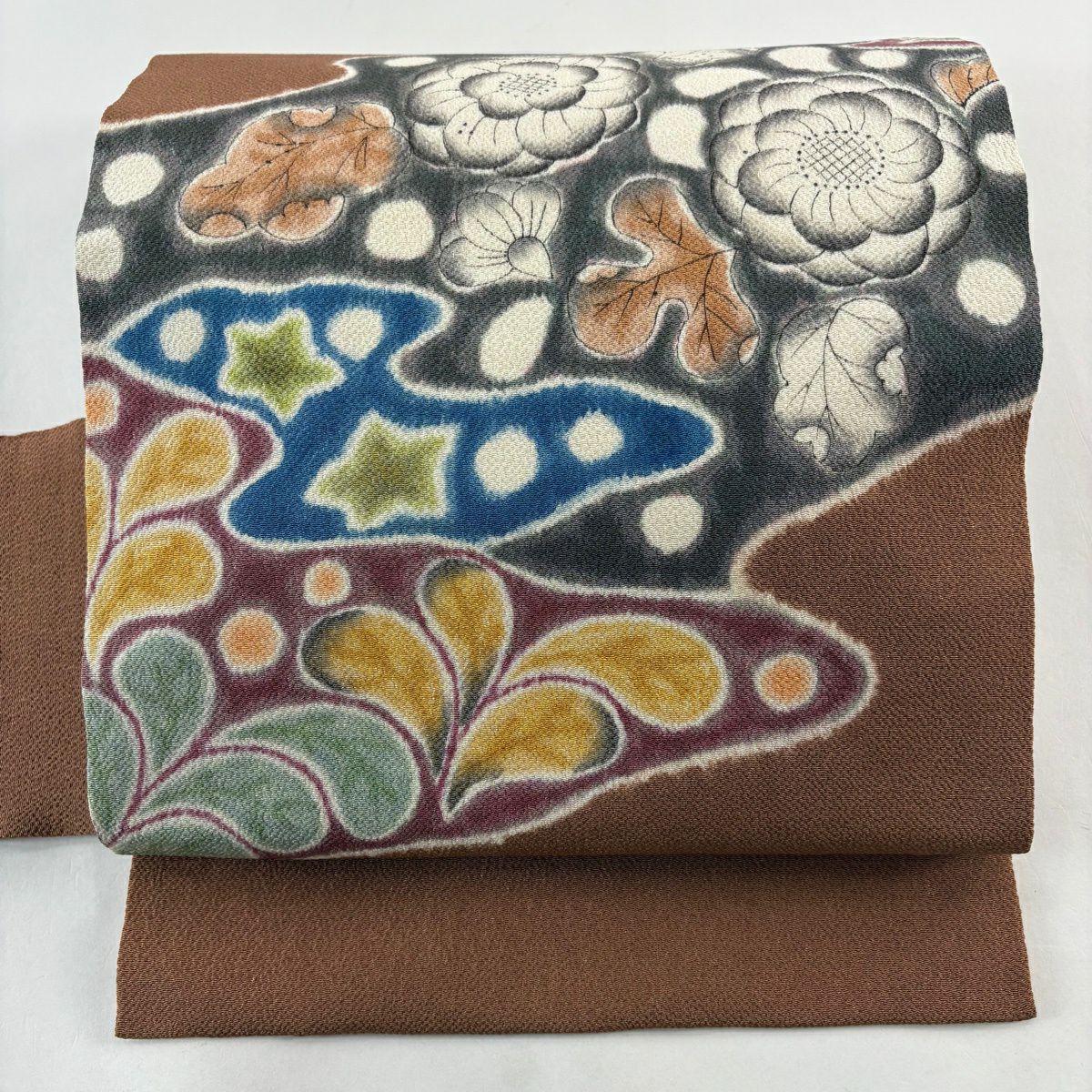【美品】 名古屋帶 優品級 辻花染圖案 霞 縮緬 茶 純蠶絲