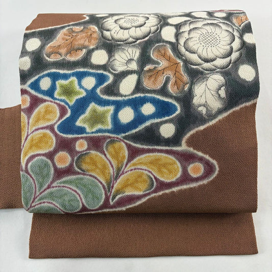 【美品】 名古屋帶 優品級 辻花染圖案 霞 縮緬 茶 純蠶絲