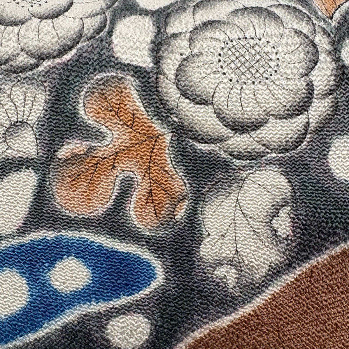【美品】 名古屋帶 優品級 辻花染圖案 霞 縮緬 茶 純蠶絲