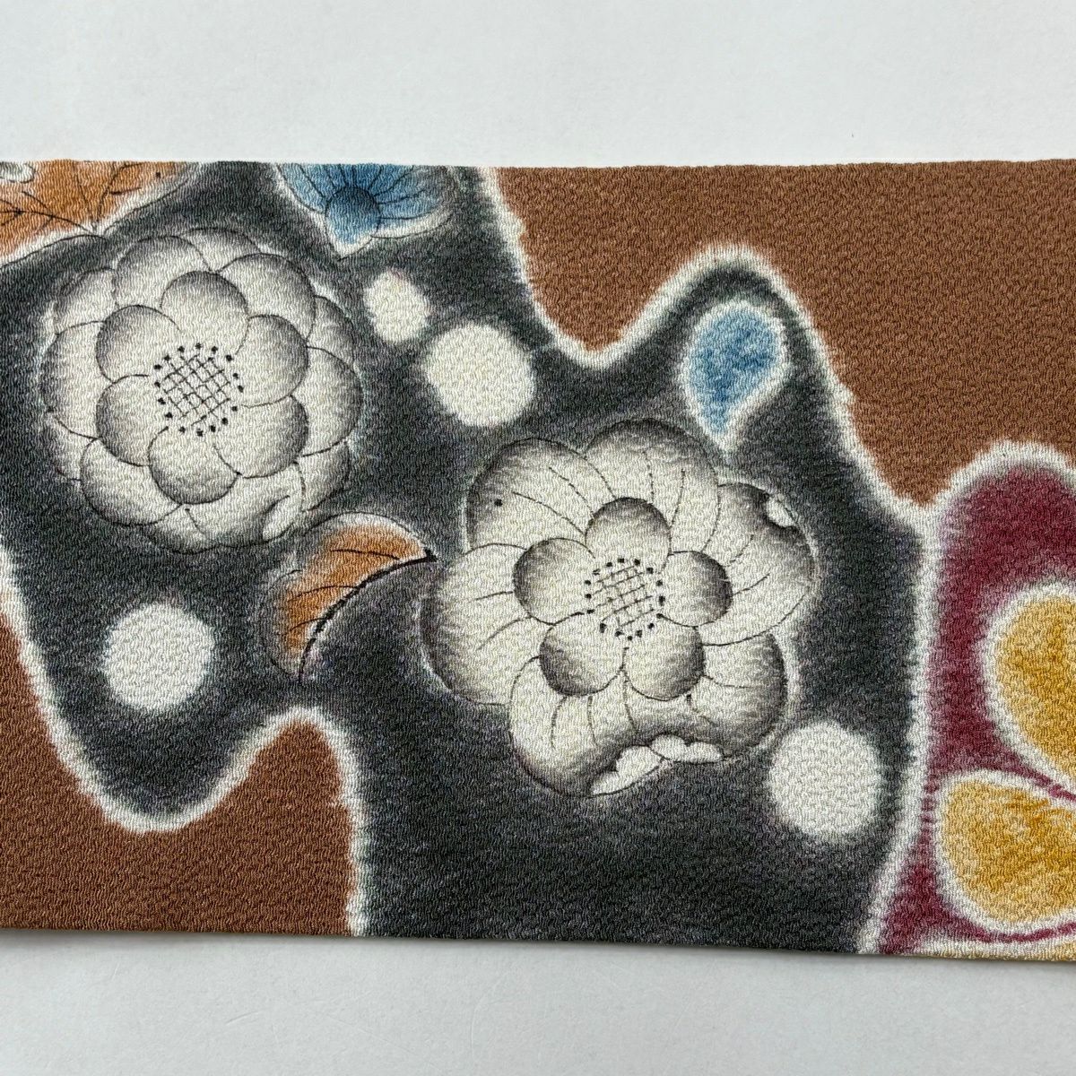 【美品】 名古屋帶 優品級 辻花染圖案 霞 縮緬 茶 純蠶絲