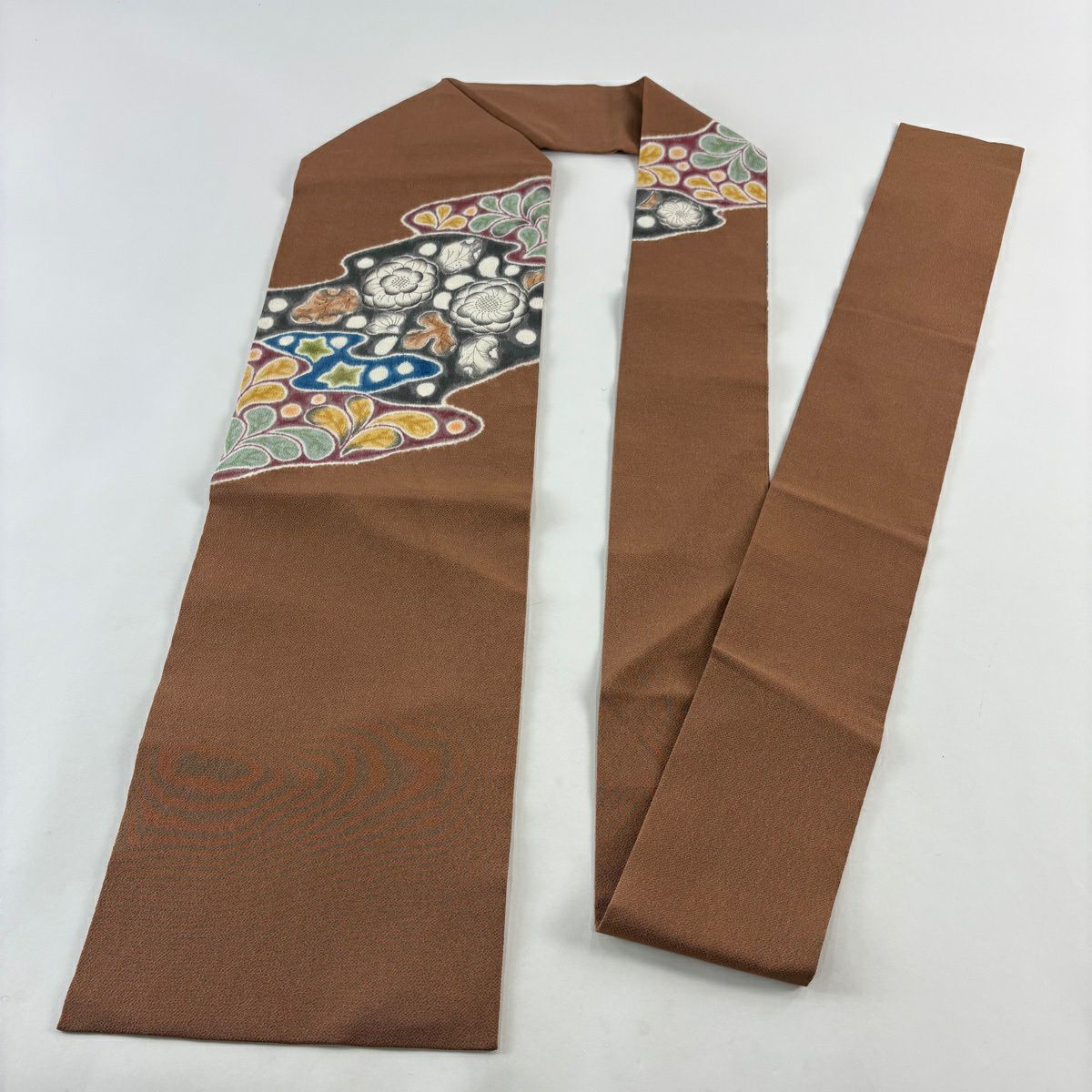 【美品】 名古屋帶 優品級 辻花染圖案 霞 縮緬 茶 純蠶絲