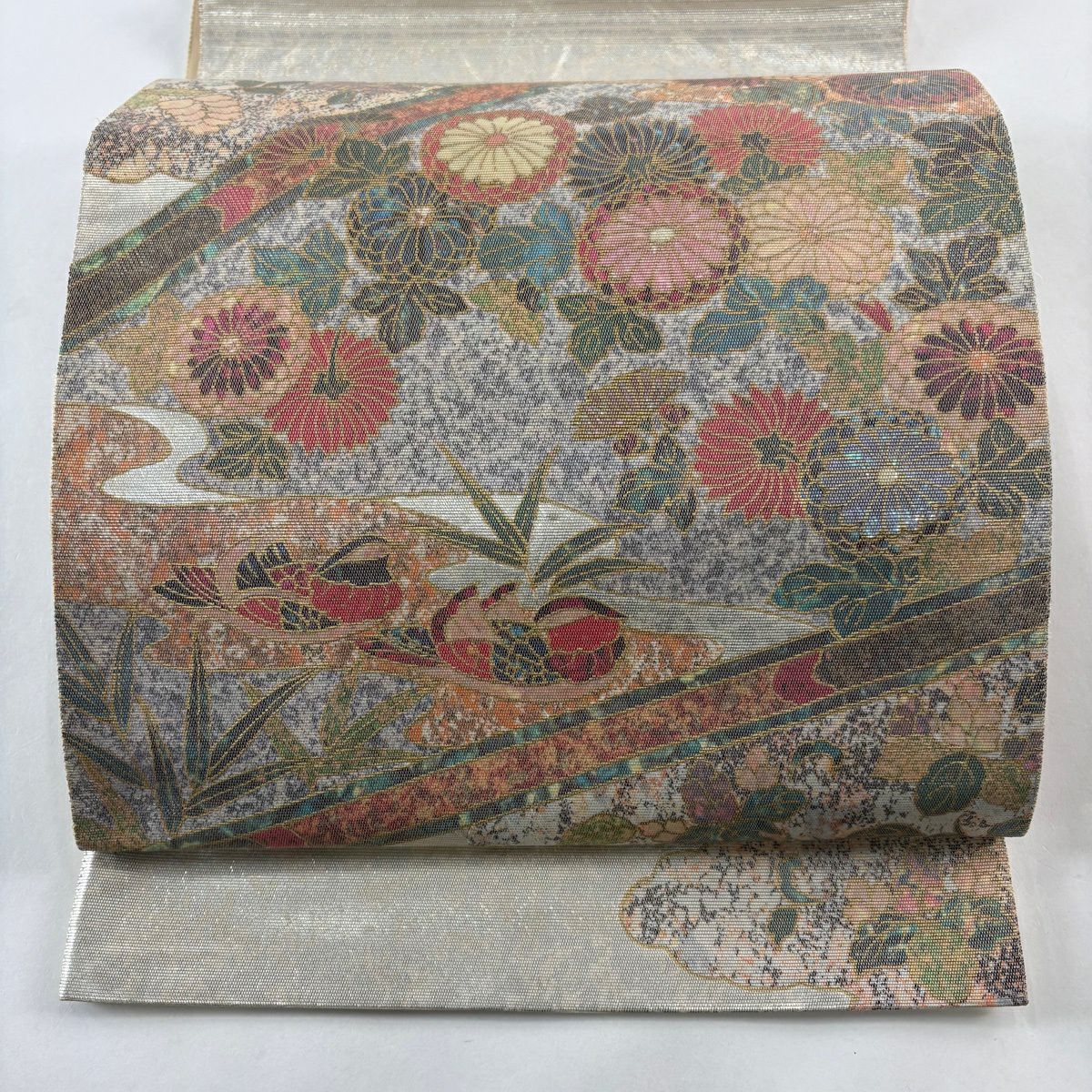 袋帶 秀品級 菊花 鴛鴦 螺鈿金金箔 金金箔 銀 純蠶絲