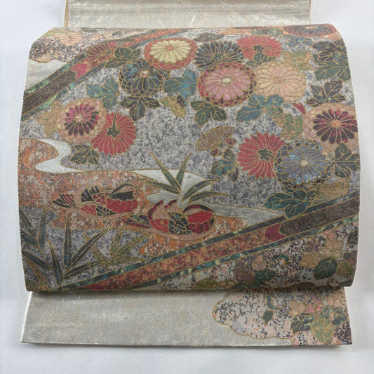 袋帶 秀品級 菊花 鴛鴦 螺鈿金金箔 金金箔 銀 純蠶絲