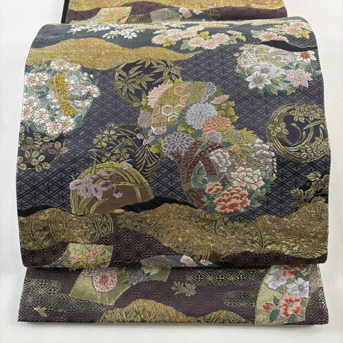 【美品】 袋帶 秀品級 鼓 花丸紋 金銀線 金金箔 紫 六通 純蠶絲