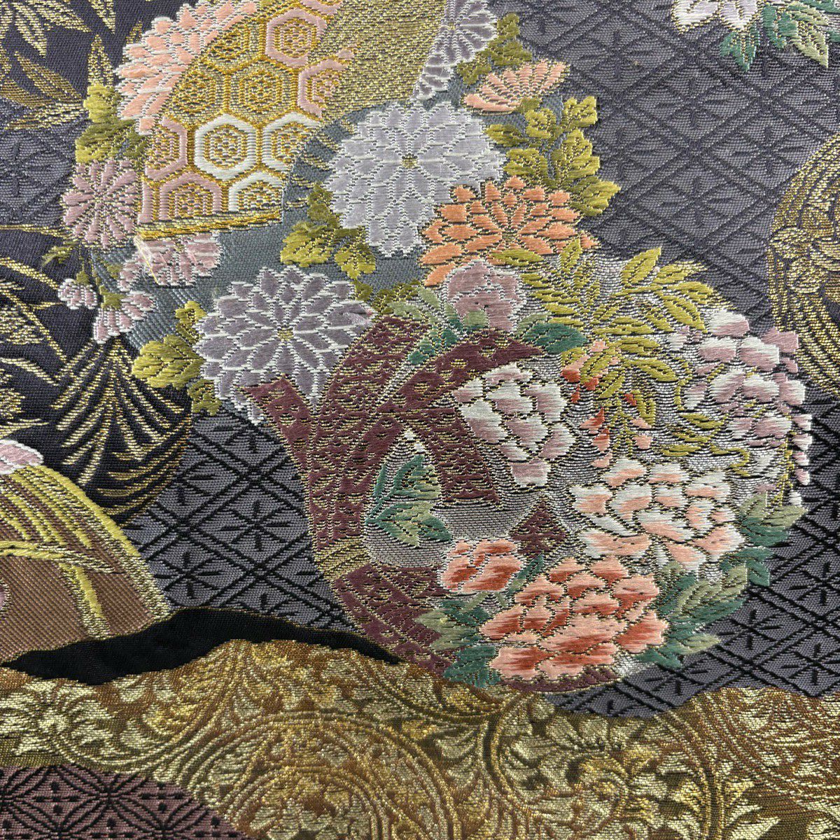 【美品】 袋帶 秀品級 鼓 花丸紋 金銀線 金金箔 紫 六通 純蠶絲