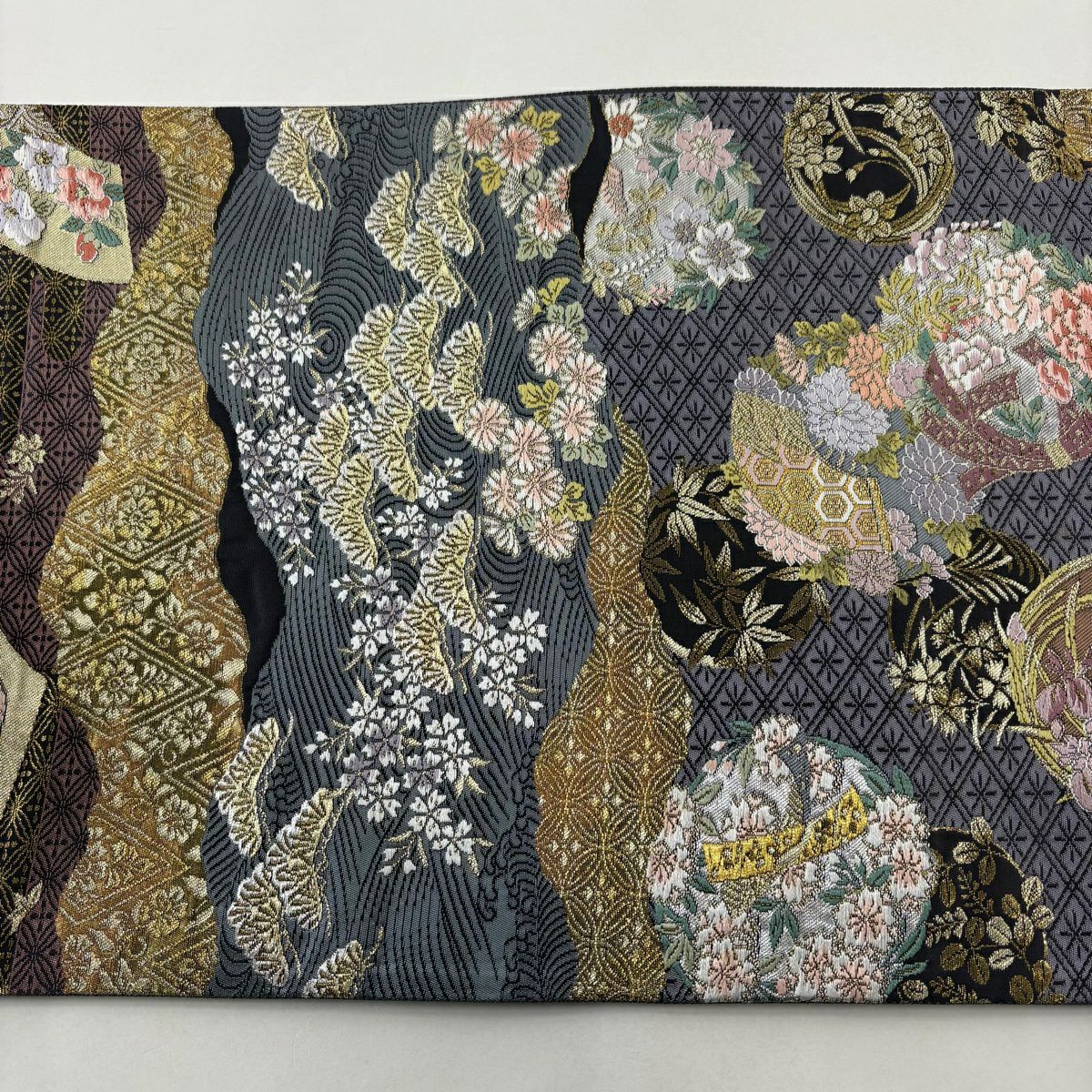 【美品】 袋帶 秀品級 鼓 花丸紋 金銀線 金金箔 紫 六通 純蠶絲