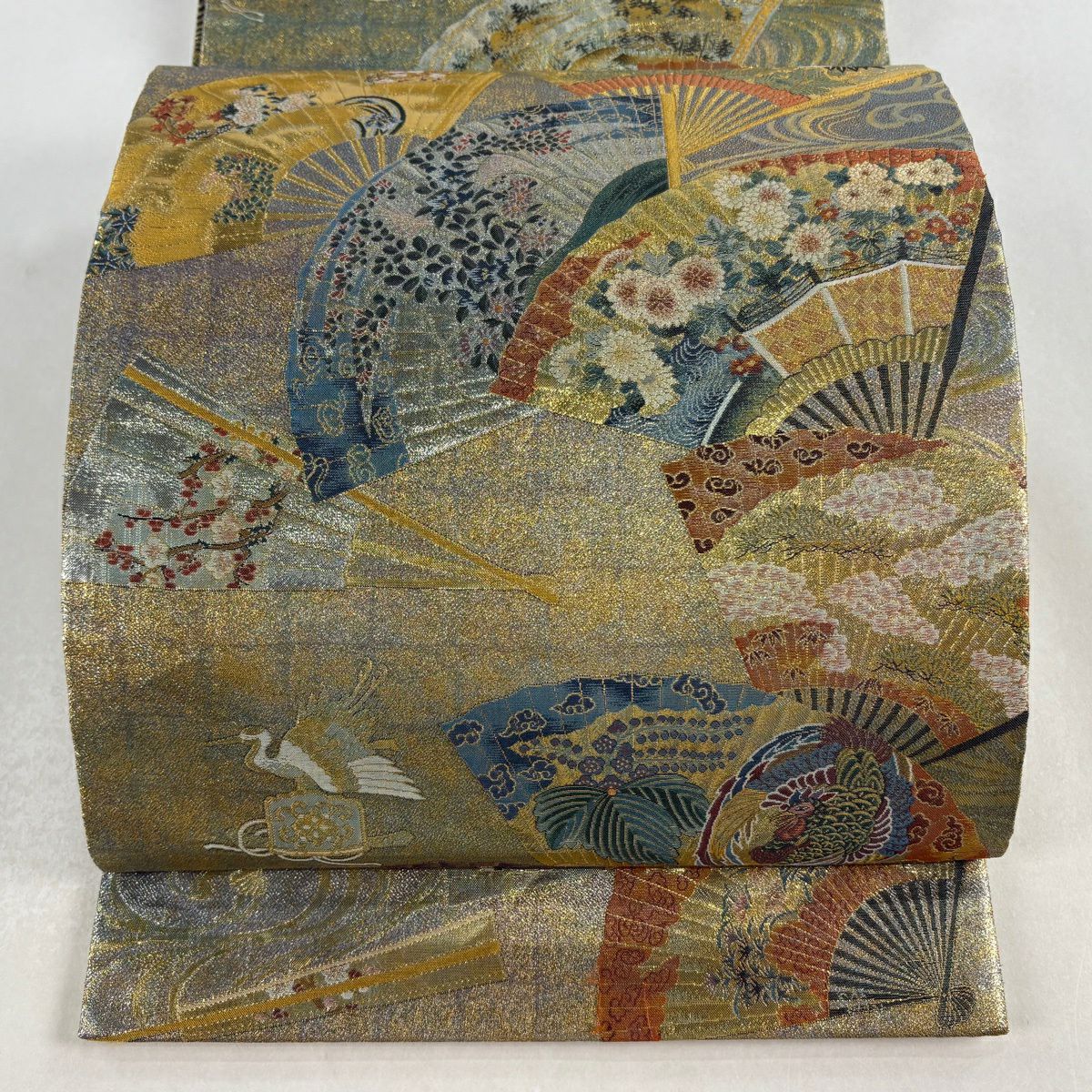 【美品】 袋帶 秀品級 附有落款 徳川美術館秘藏 扇子 花鳥 金金箔 金絲 金色 全通 純蠶絲