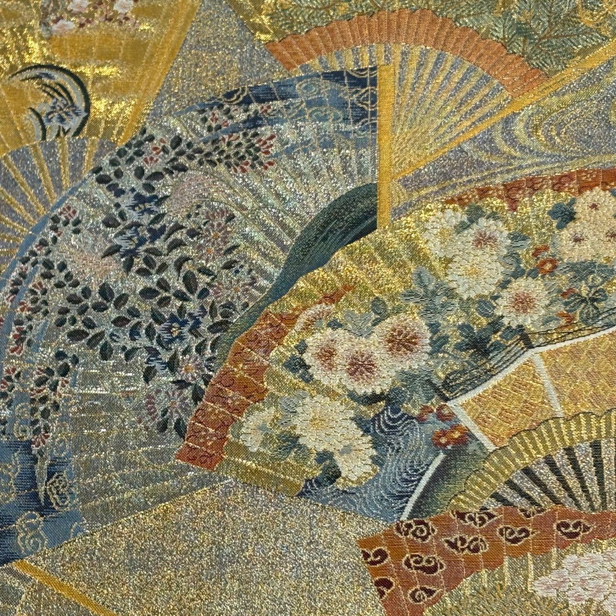 【美品】 袋帶 秀品級 附有落款 徳川美術館秘藏 扇子 花鳥 金金箔 金絲 金色 全通 純蠶絲