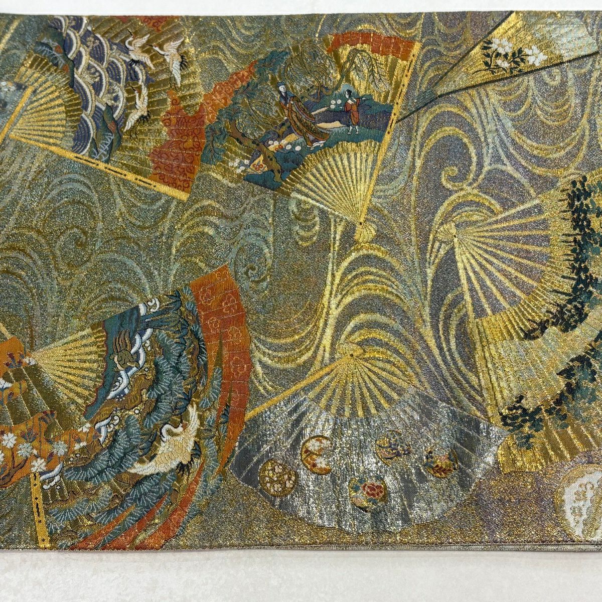 【美品】 袋帶 秀品級 附有落款 徳川美術館秘藏 扇子 花鳥 金金箔 金絲 金色 全通 純蠶絲