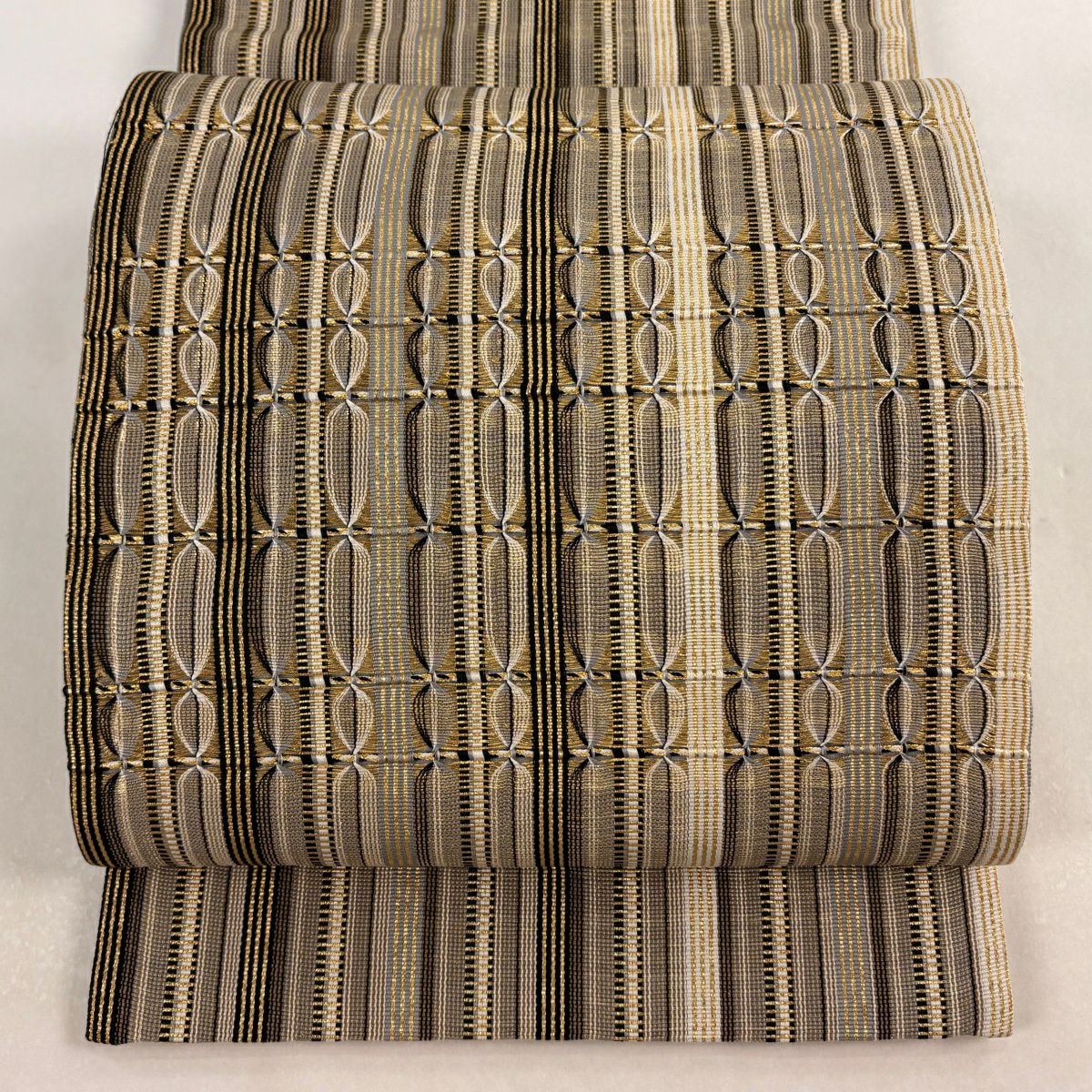 【美品】 袋帶 秀品級 縞 幾何圖案 金絲 金色 大鼓圖案 純蠶絲