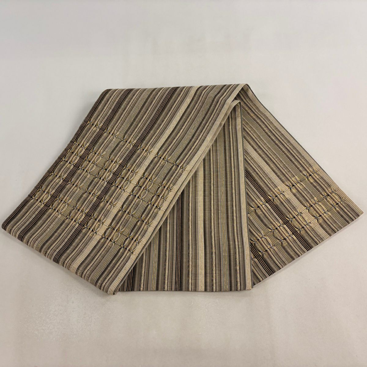 【美品】 袋帶 秀品級 縞 幾何圖案 金絲 金色 大鼓圖案 純蠶絲