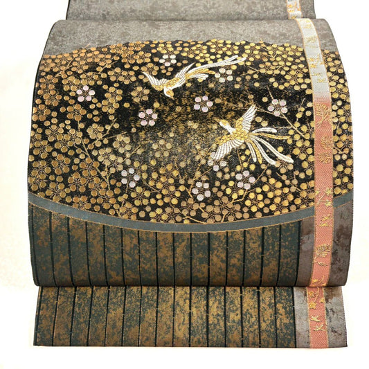 袋帶 秀品級 尾長鳥 松樹梅花 金糸 金金箔 深綠 大鼓圖案 純蠶絲