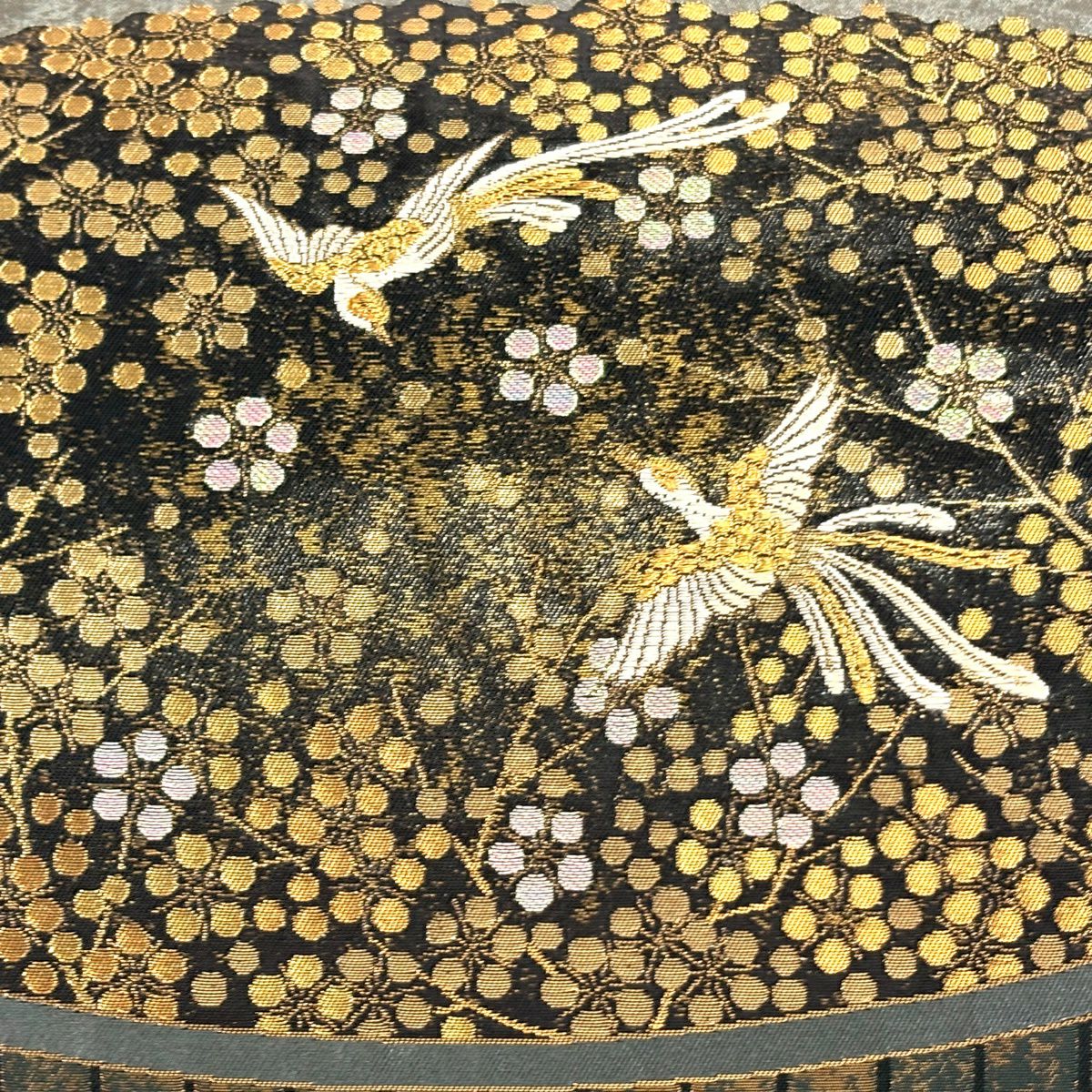 袋帶 秀品級 尾長鳥 松樹梅花 金糸 金金箔 深綠 大鼓圖案 純蠶絲