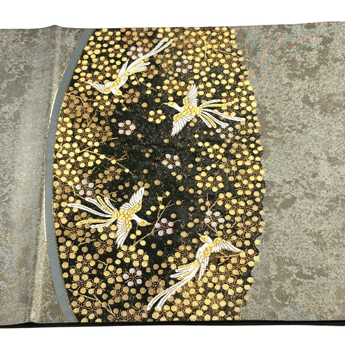 袋帶 秀品級 尾長鳥 松樹梅花 金糸 金金箔 深綠 大鼓圖案 純蠶絲