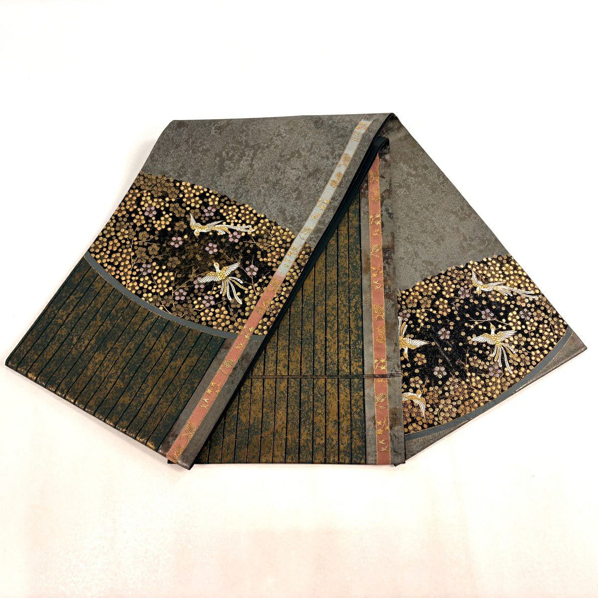 袋帶 秀品級 尾長鳥 松樹梅花 金糸 金金箔 深綠 大鼓圖案 純蠶絲