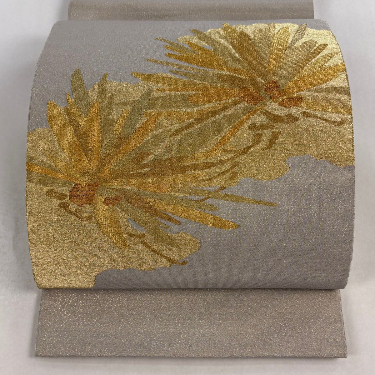 袋帶 秀品級 若松樹 金絲 金金箔 灰茶 大鼓圖案 純蠶絲