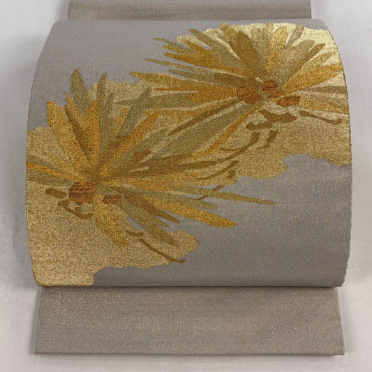 袋帶 秀品級 若松樹 金絲 金金箔 灰茶 大鼓圖案 純蠶絲
