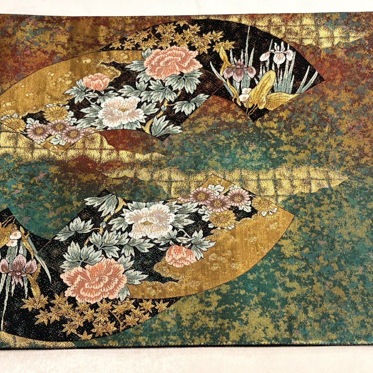 【美品】 袋帶 秀品級 色紙 花鳥 金糸 金金箔 綠 お太鼓柄 純蠶絲