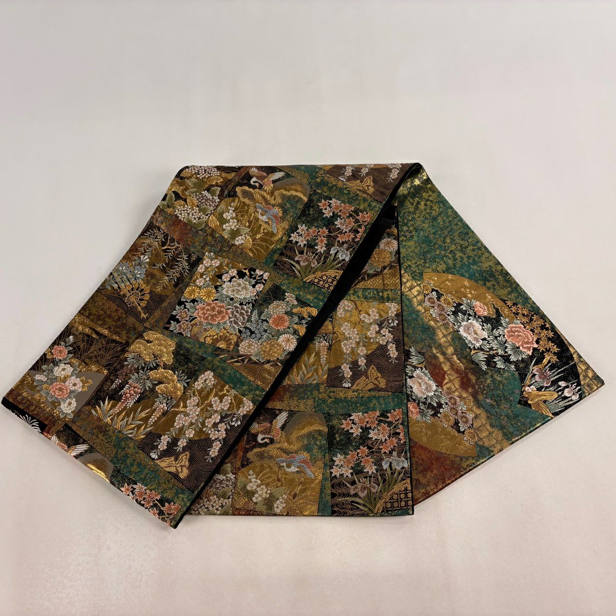 【美品】 袋帶 秀品級 色紙 花鳥 金糸 金金箔 綠 お太鼓柄 純蠶絲