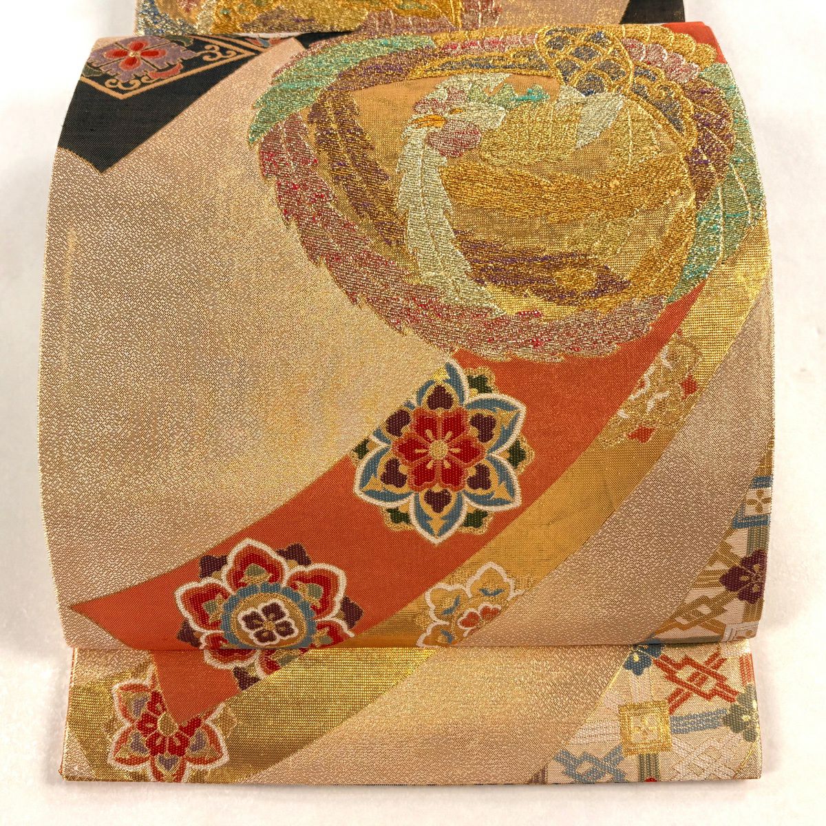 【美品】 袋帶 秀品級 鳳凰 華紋 金銀彩 金金箔 金色 六通 純蠶絲