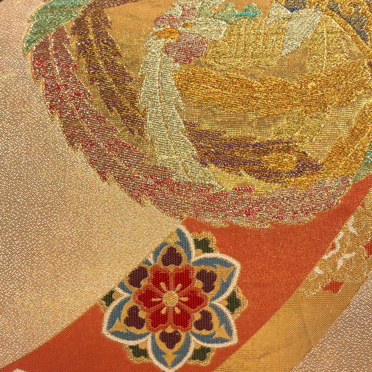 【美品】 袋帶 秀品級 鳳凰 華紋 金銀彩 金金箔 金色 六通 純蠶絲