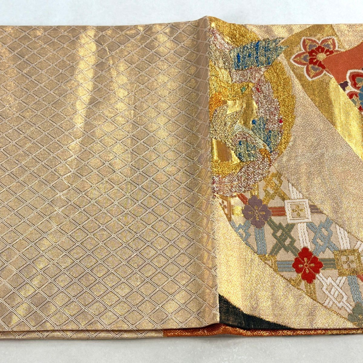 【美品】 袋帶 秀品級 鳳凰 華紋 金銀彩 金金箔 金色 六通 純蠶絲