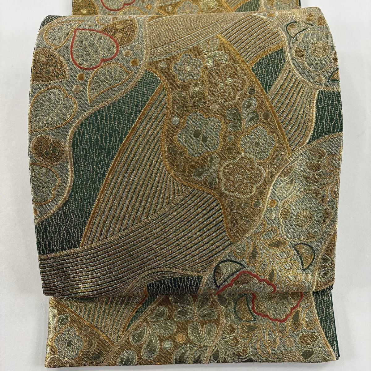 【美品】 袋帶 秀品級 梅花葉紋 金銀絲 金金箔 綠 六通 純蠶絲