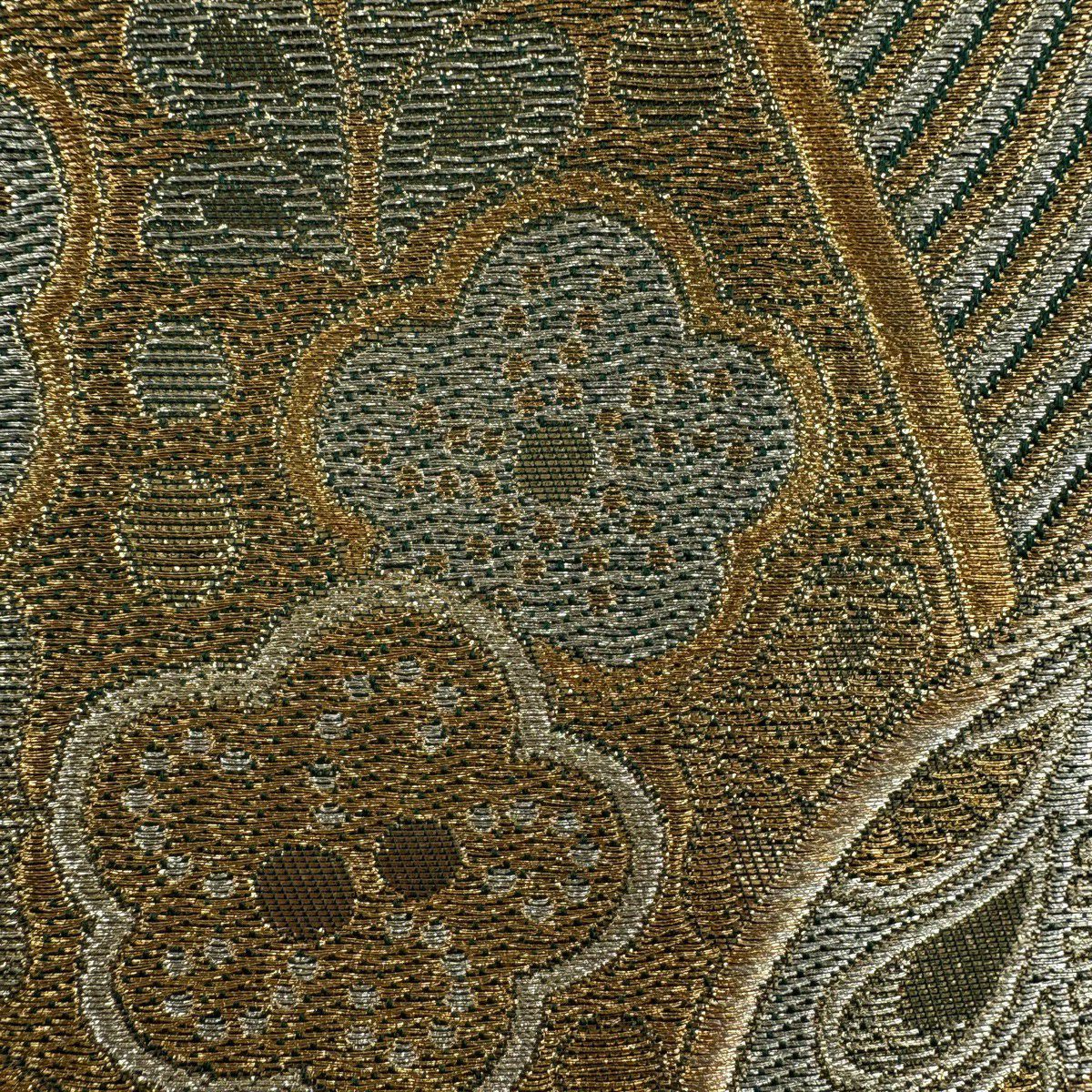 【美品】 袋帶 秀品級 梅花葉紋 金銀絲 金金箔 綠 六通 純蠶絲