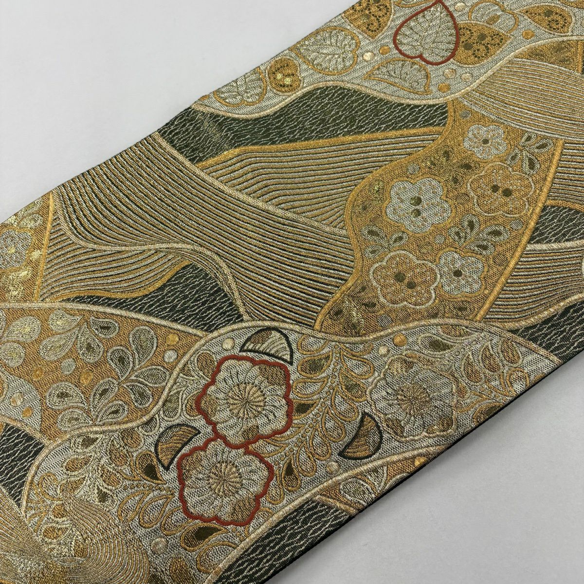 【美品】 袋帶 秀品級 梅花葉紋 金銀絲 金金箔 綠 六通 純蠶絲