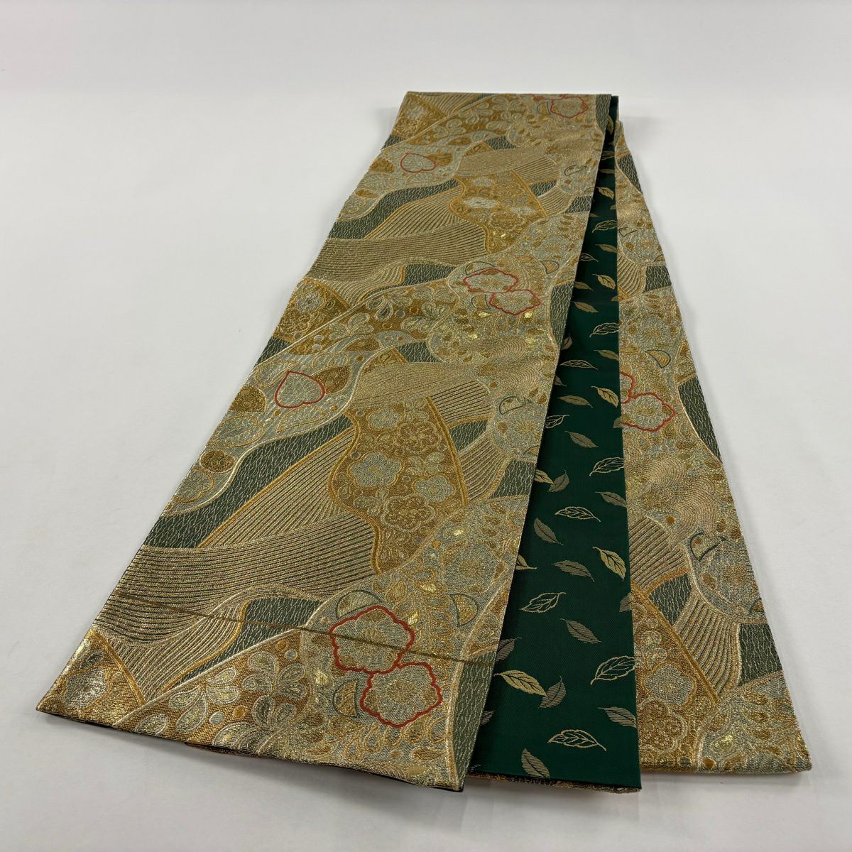 【美品】 袋帶 秀品級 梅花葉紋 金銀絲 金金箔 綠 六通 純蠶絲
