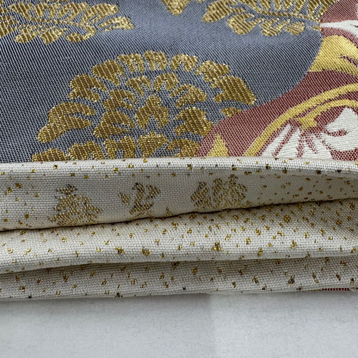 袋帶 秀品級 關西仕立 細光織 樹木 向鳥 金銀線 金金箔 米色 六通 純蠶絲