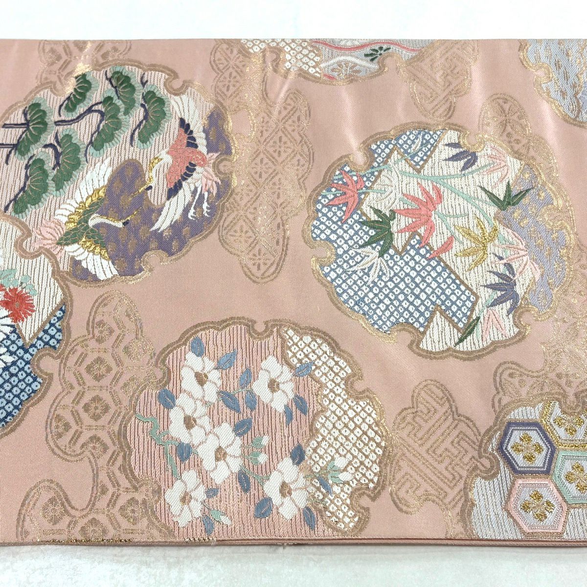 袋帶 優品級 舞仙鶴 落款 雪輪圓文 金絲 金金箔 粉色 六通 純蠶絲