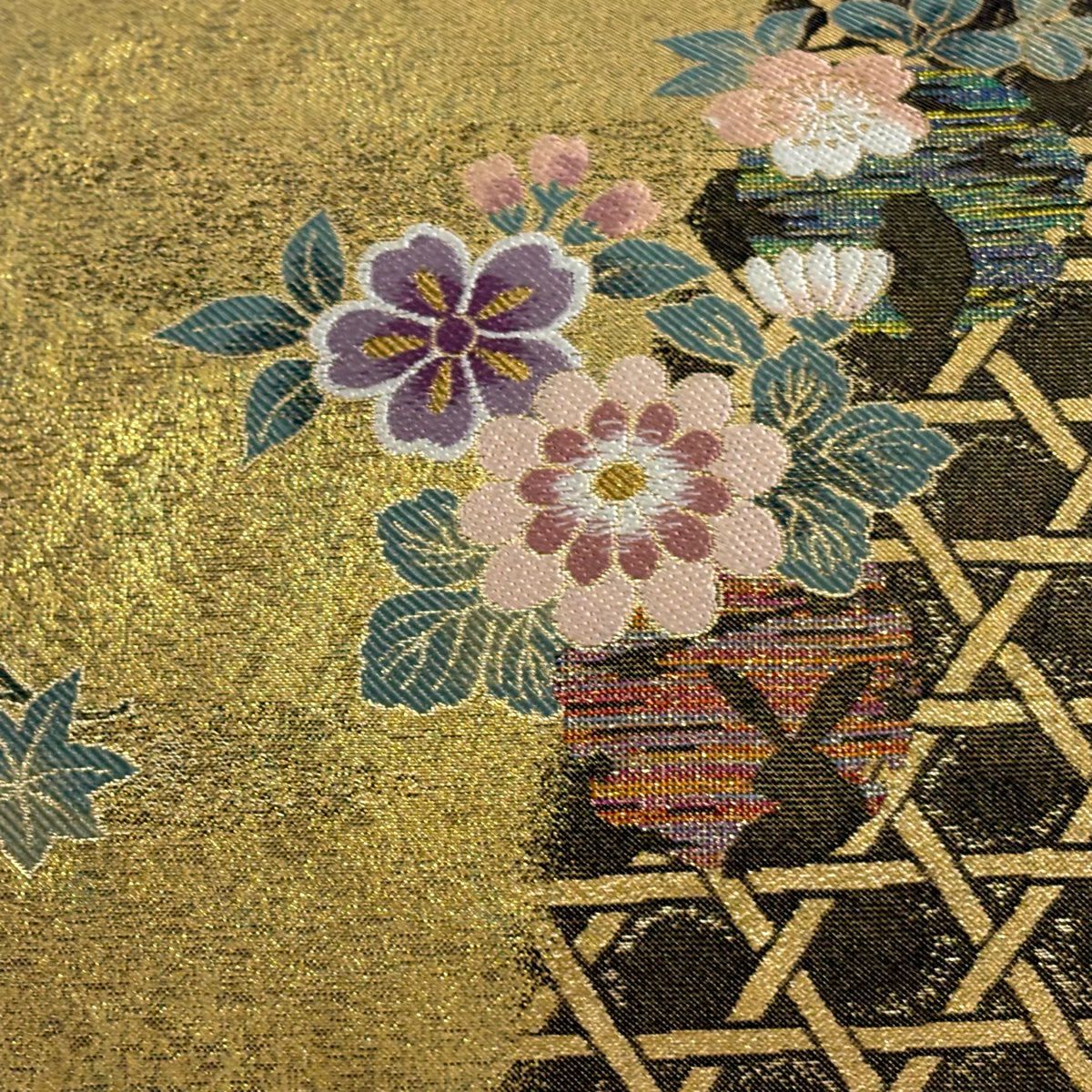 【美品】 袋帶 秀品級 草花紋紋 籠目 金絲 金金箔 金色 六通 純蠶絲
