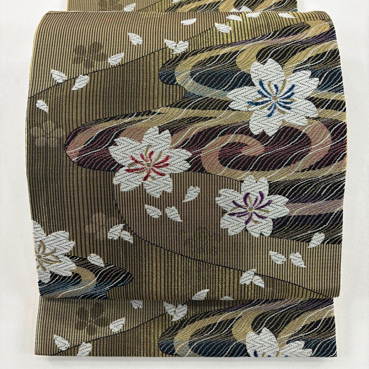 【美品】 袋帶 秀品級櫻花流水金金箔金絲金色六通純蠶絲