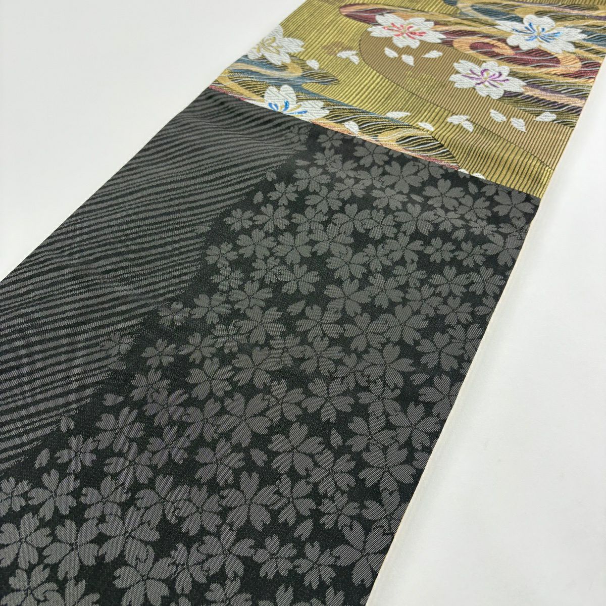 【美品】 袋帶 秀品級櫻花流水金金箔金絲金色六通純蠶絲